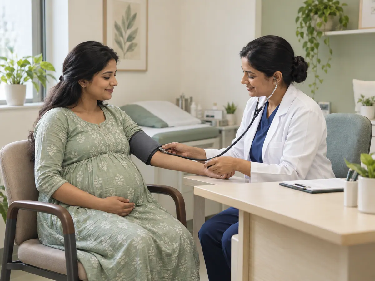Illustration of a pregnant woman having an antenatal blood pressure check