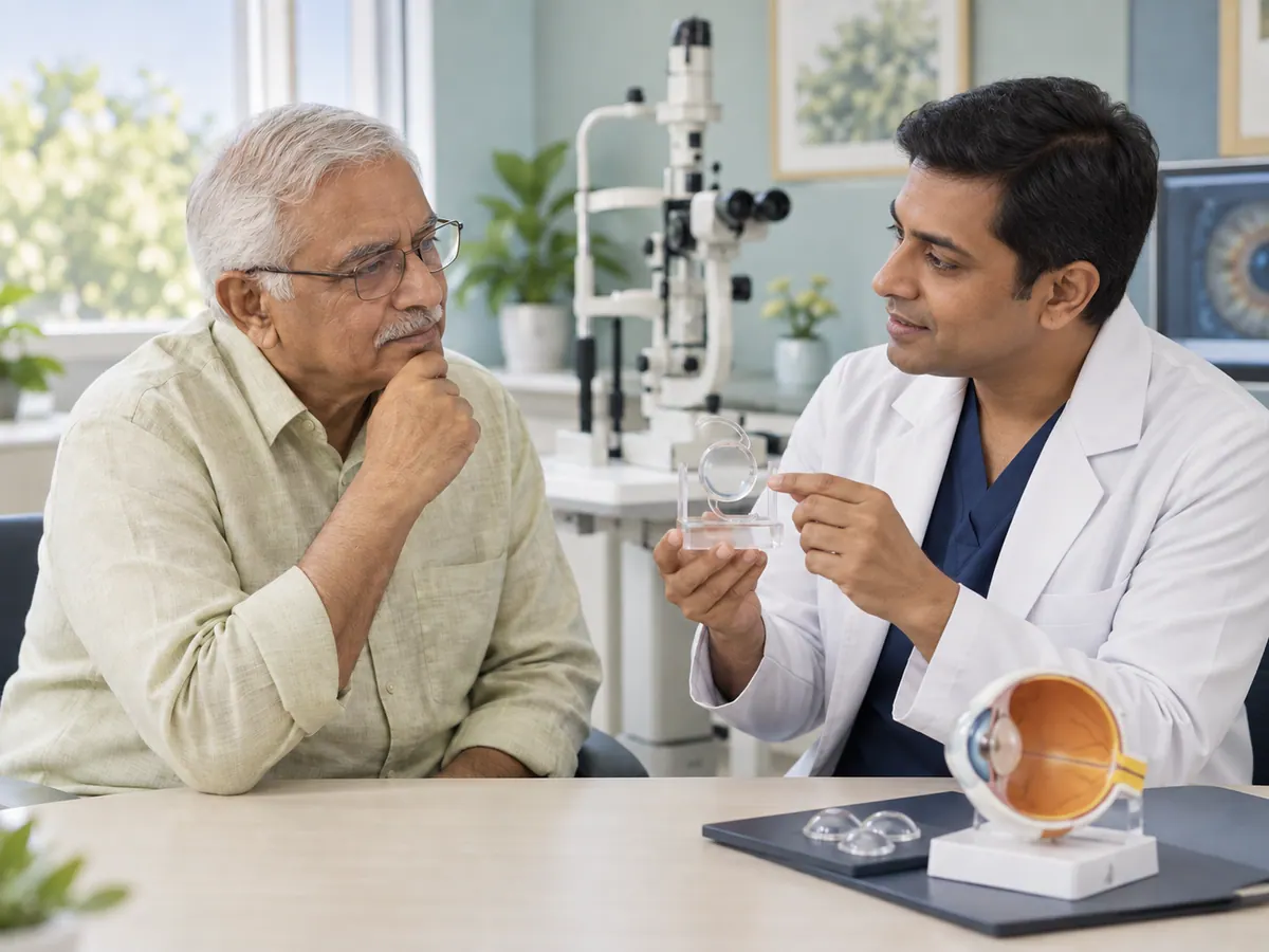 Illustration of a clinician explaining cataract surgery and lens selection