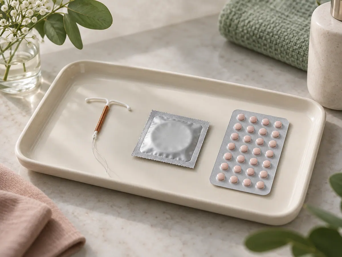 Illustration of unbranded contraceptive demonstration items on a clinical tray
