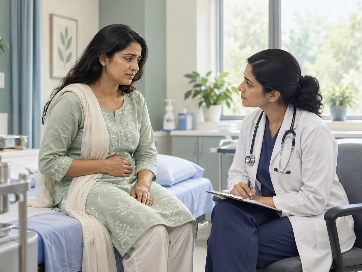 Illustration of a clinician listening to a woman describing pelvic pain
