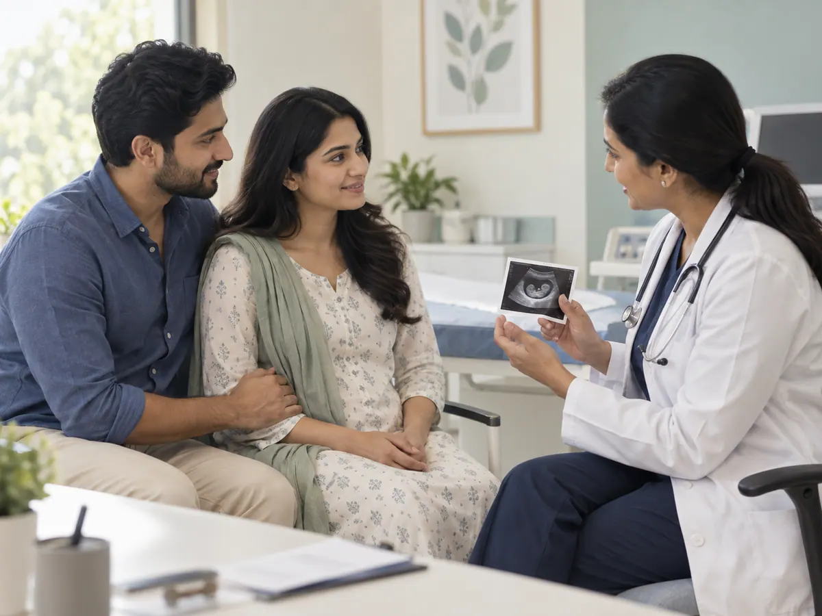 Illustration of expectant parents discussing early pregnancy care