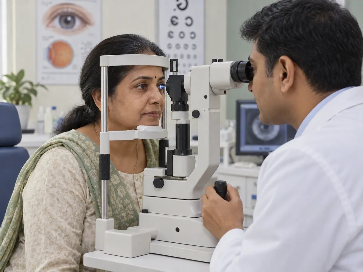 Illustration of a patient attending an eye-pressure screening appointment