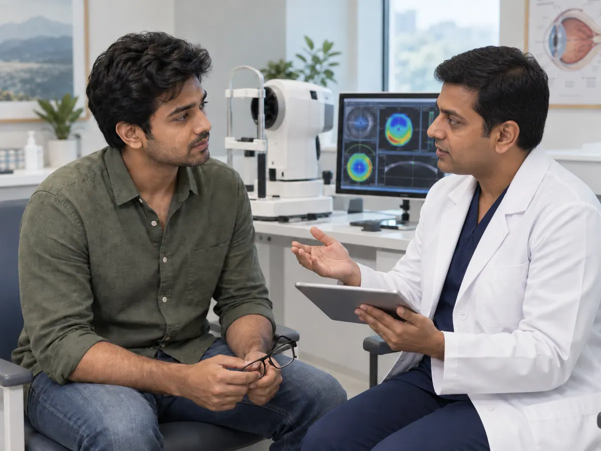Illustration of a patient discussing LASIK suitability and expectations