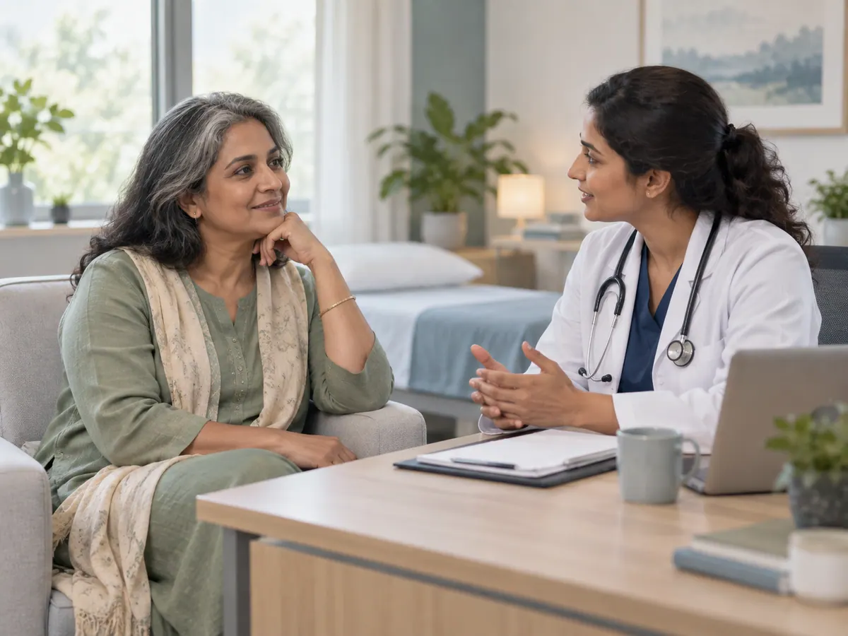 Illustration of a woman discussing menopause symptoms and health checks