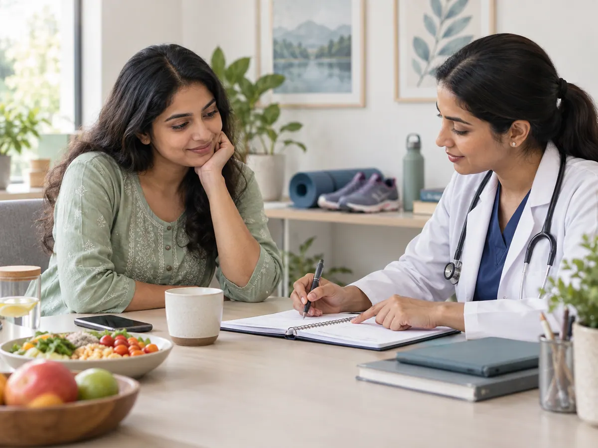 Illustration of a woman discussing a personalised PCOS care plan