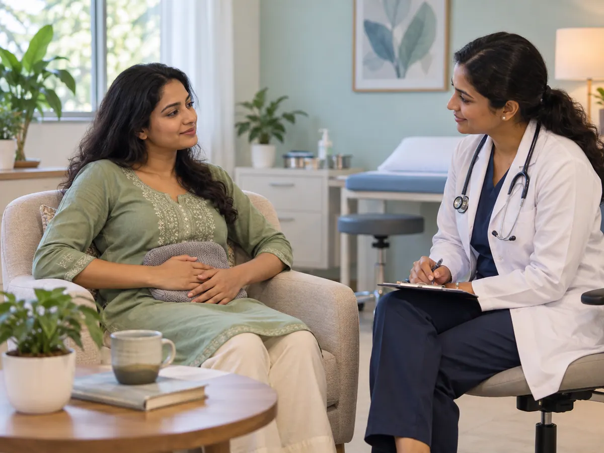 Illustration of a clinician listening to a woman with menstrual discomfort