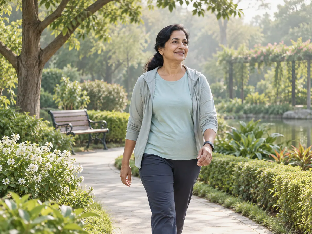 Illustration of a midlife woman walking outdoors for wellbeing