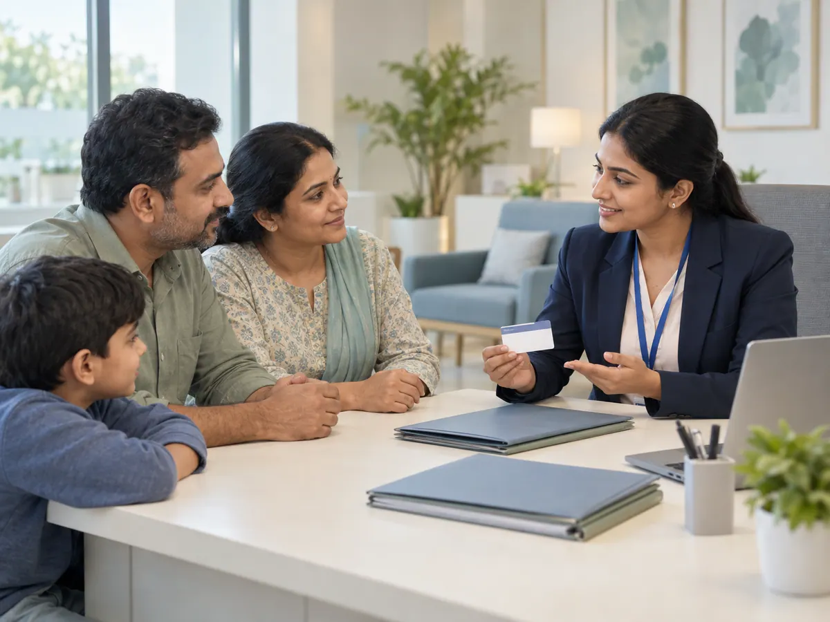 Illustration of a family organising cashless treatment documents with a coordinator