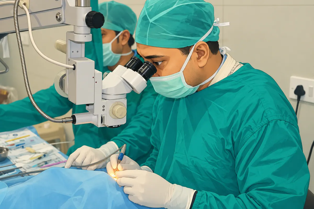 Illustration of an eye surgeon working with an operating microscope