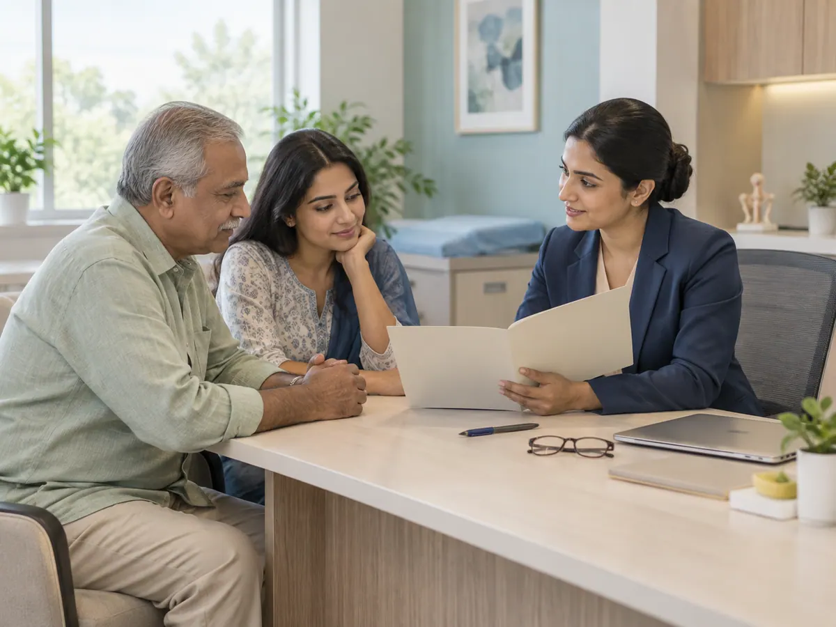 Illustration of a patient and family member reviewing cataract treatment costs