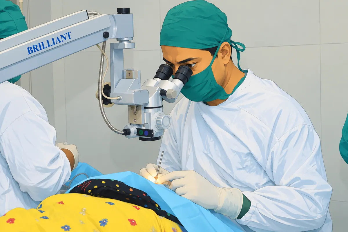 Illustration of a male eye surgeon performing microscope-assisted eye surgery