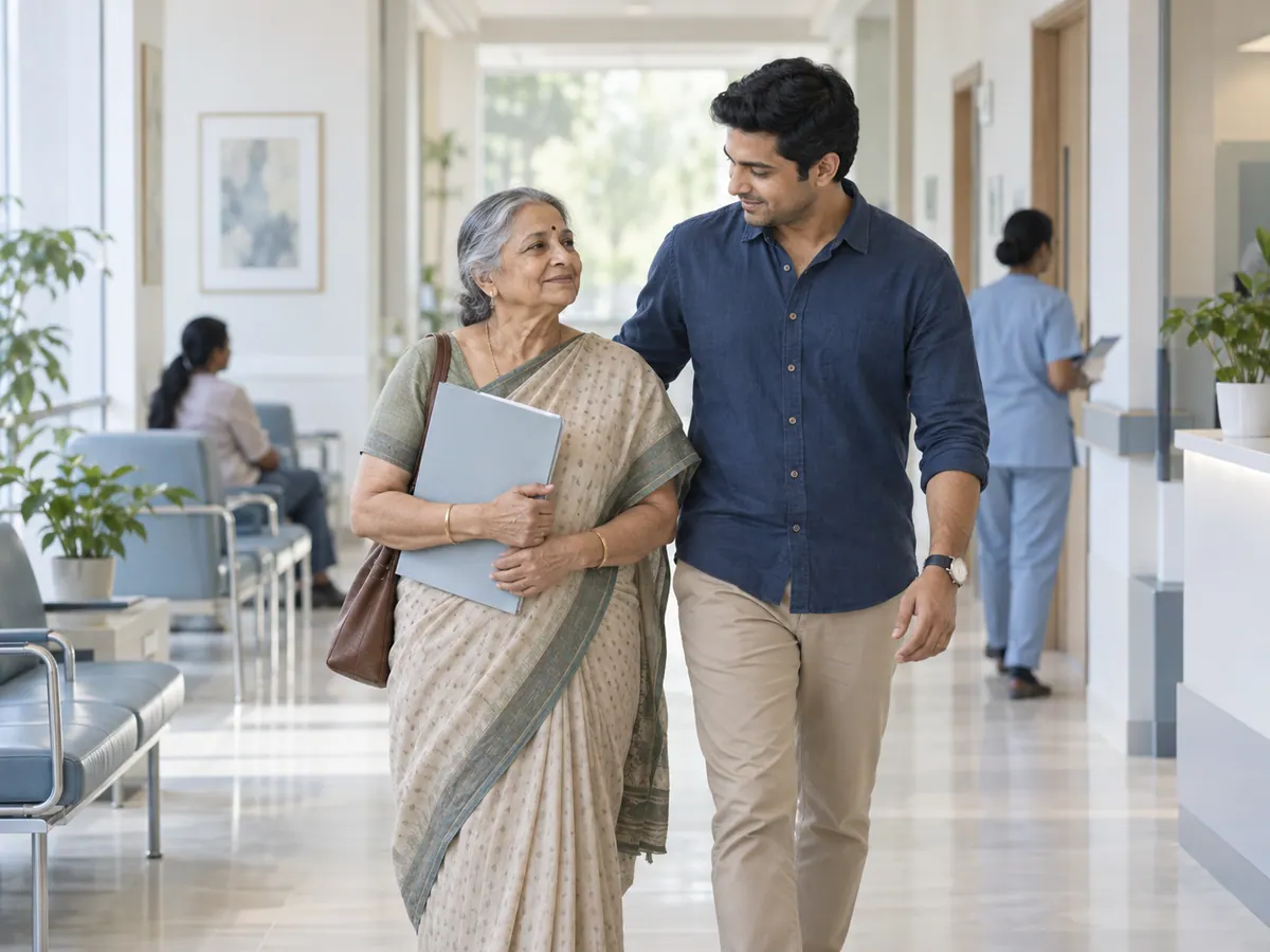 Illustration of a patient arriving for eye care with a family member