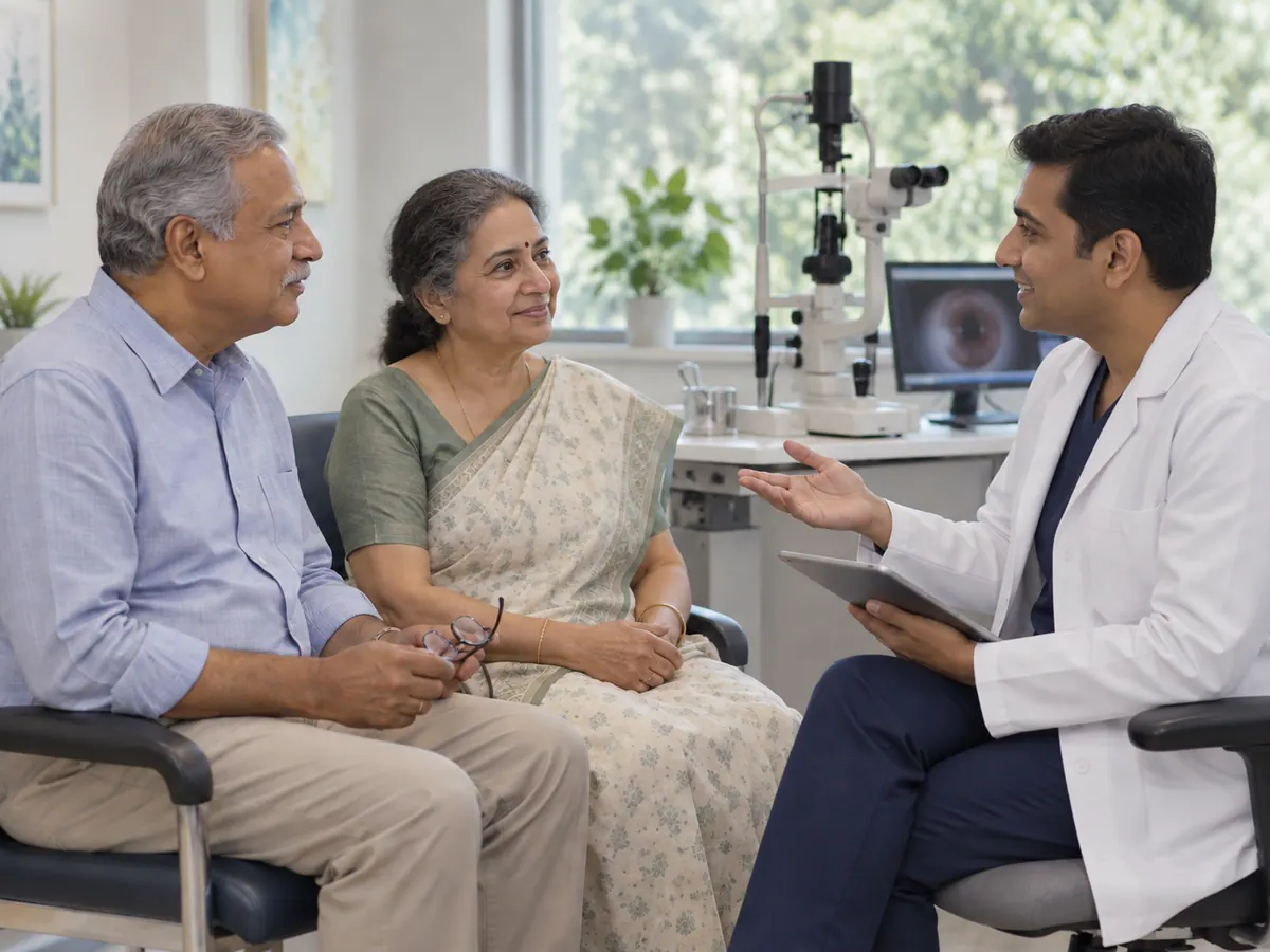Illustration of an older couple discussing a cataract care plan