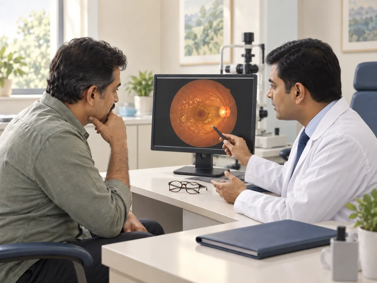 Illustration of a clinician explaining diabetic retinal screening to a patient