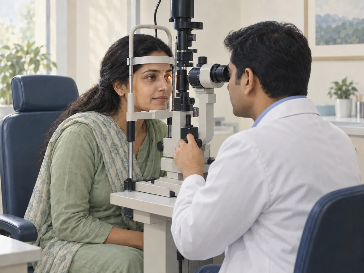 Illustration of a patient receiving a slit-lamp eye examination
