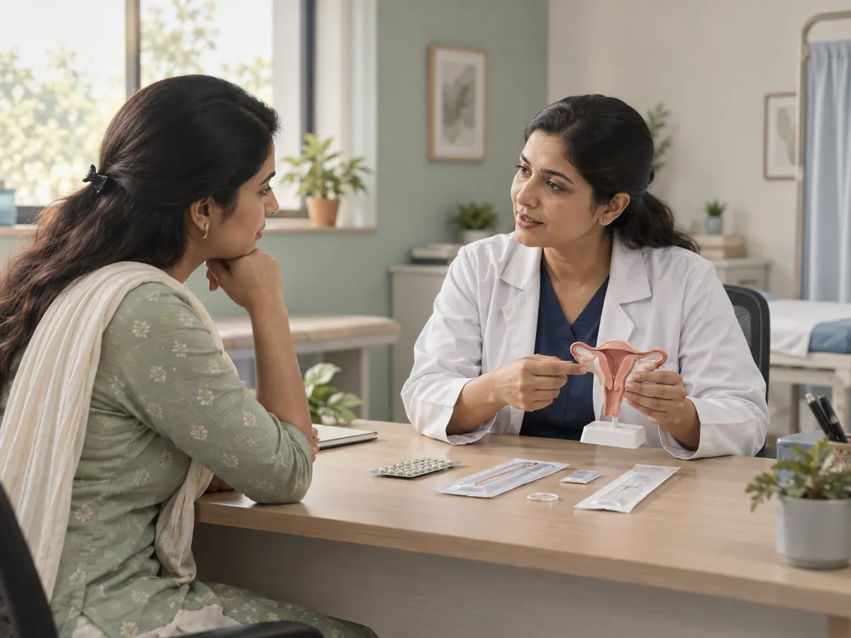 Illustration of a woman discussing contraception choices with a clinician