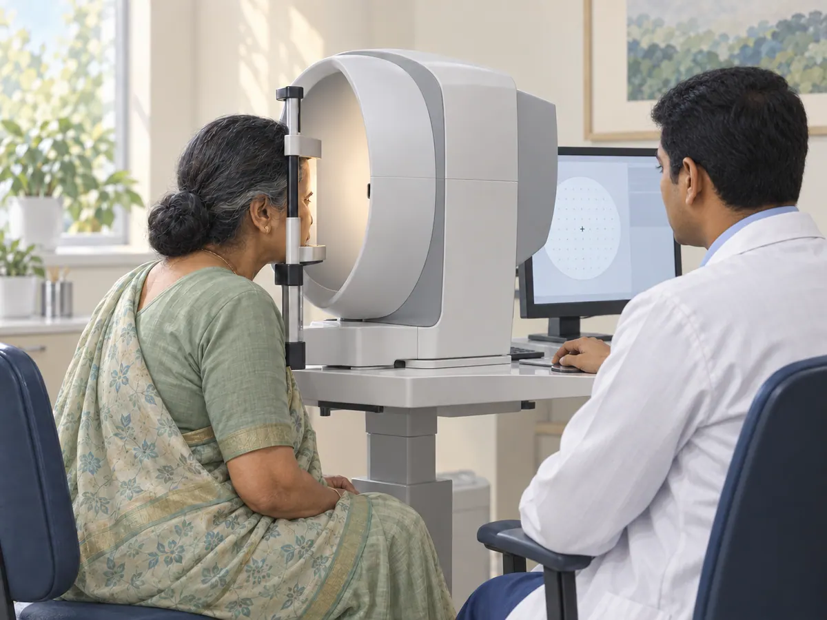 Illustration of a patient undergoing visual field testing for glaucoma