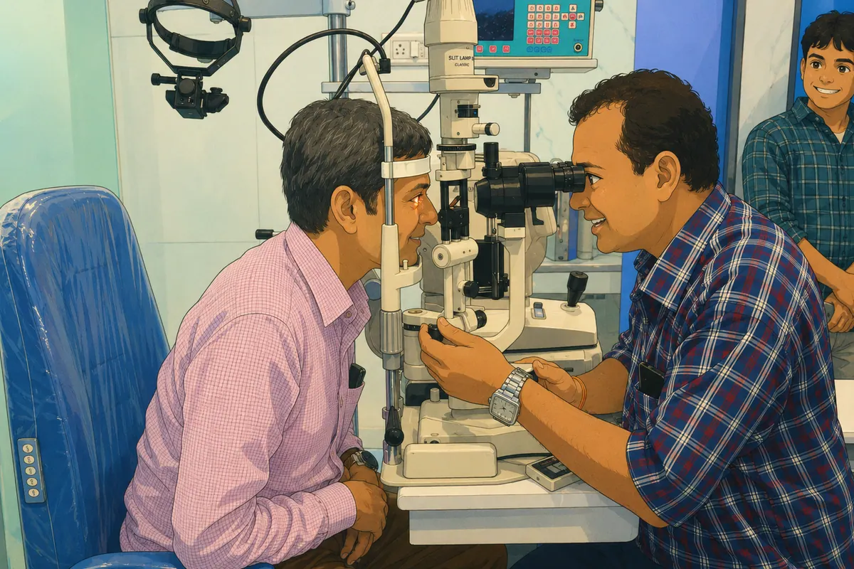 Illustration of a male eye doctor examining a patient with a slit lamp