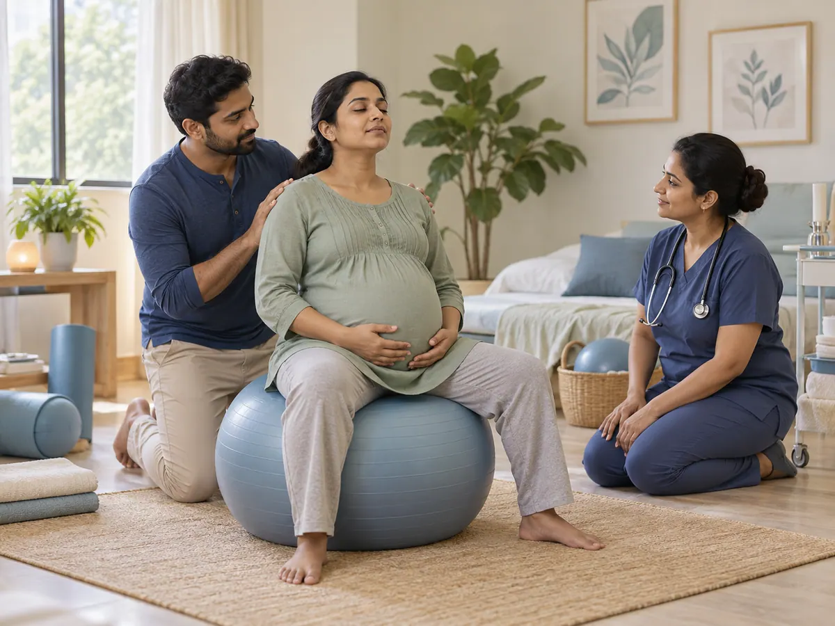 Illustration of a woman practising supported breathing during birth preparation