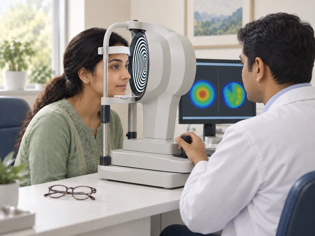 Illustration of a patient having a corneal assessment before considering LASIK