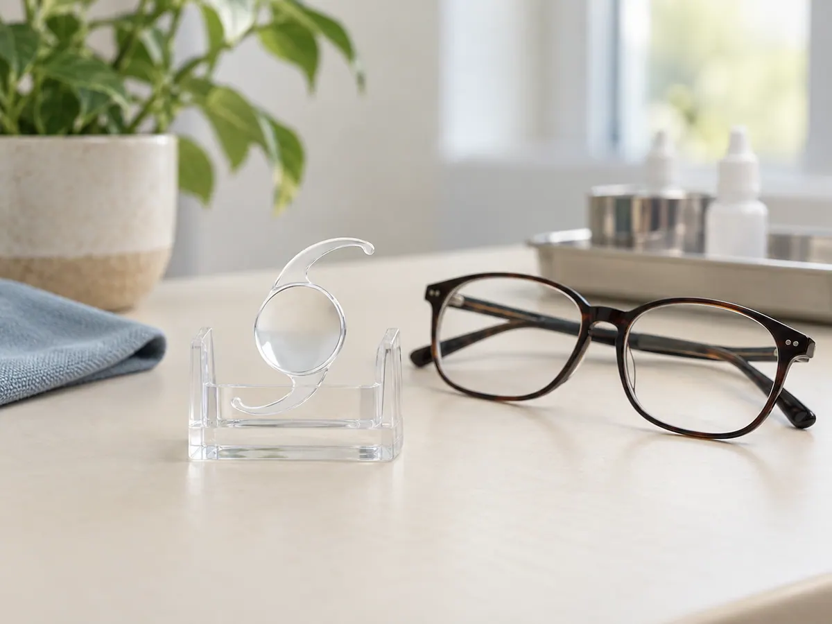 Illustration of a monofocal intraocular lens beside reading spectacles