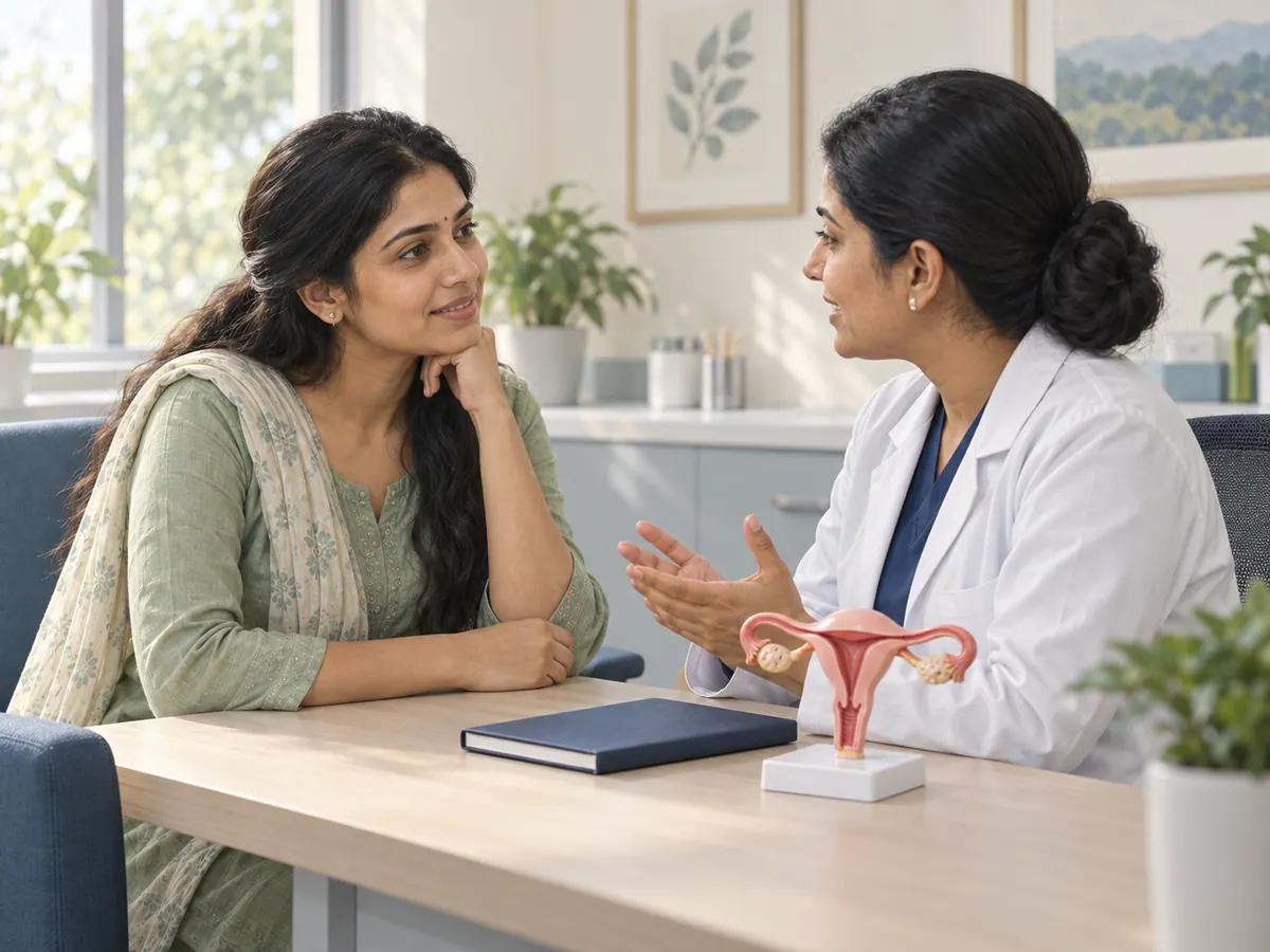Illustration of a woman discussing PCOS and hormonal health