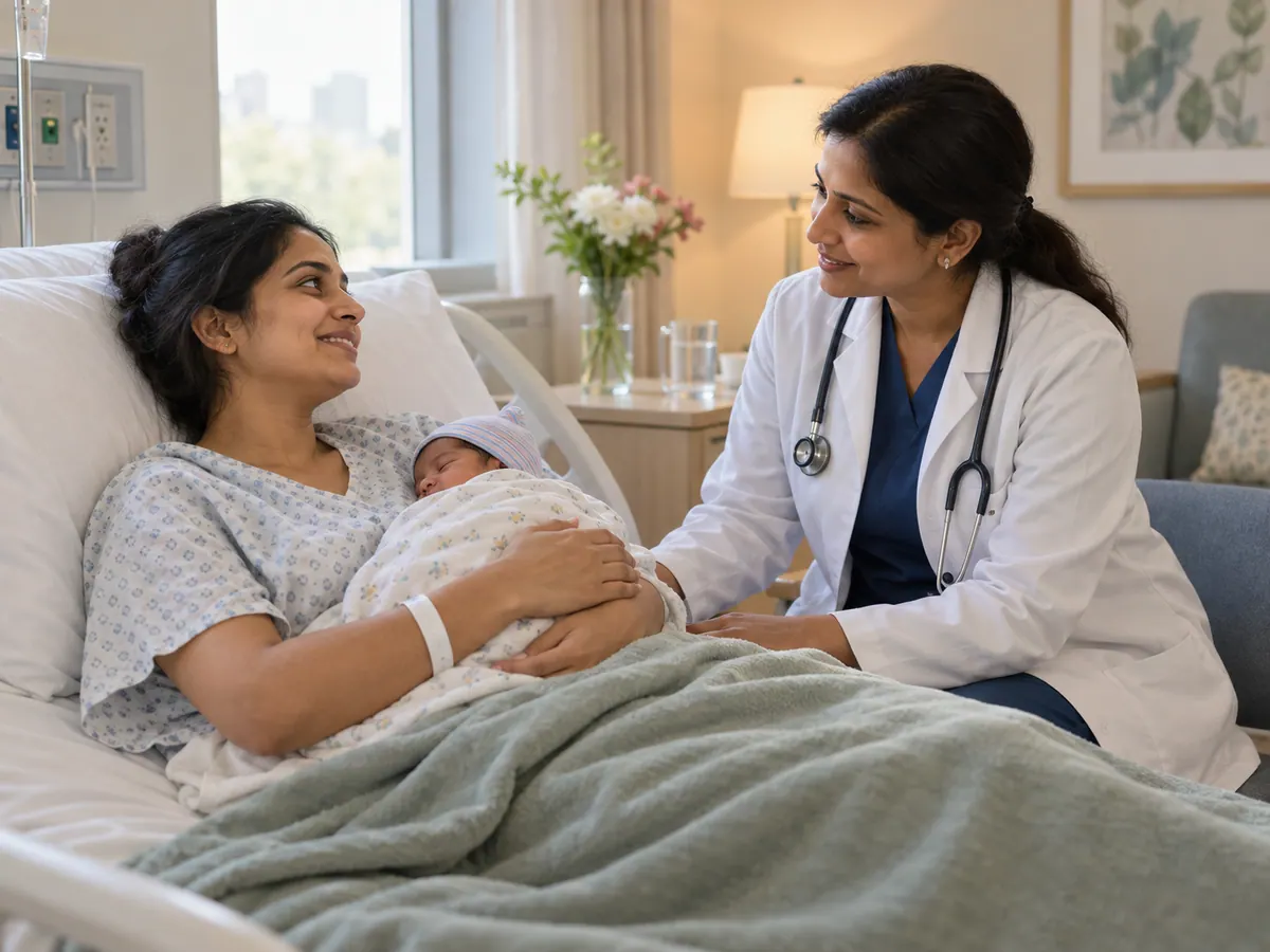 Illustration of a clinician checking on a new mother and her swaddled baby