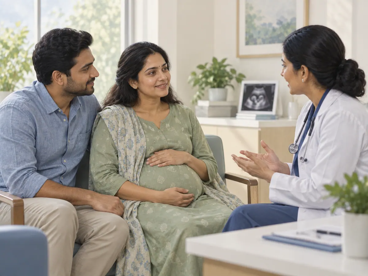 Illustration of expectant parents discussing pregnancy care with a clinician