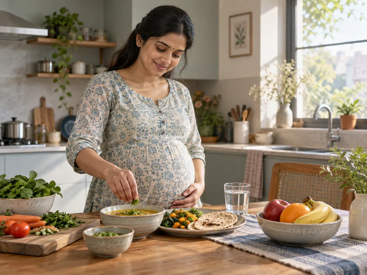 Illustration of a pregnant woman preparing a balanced everyday meal