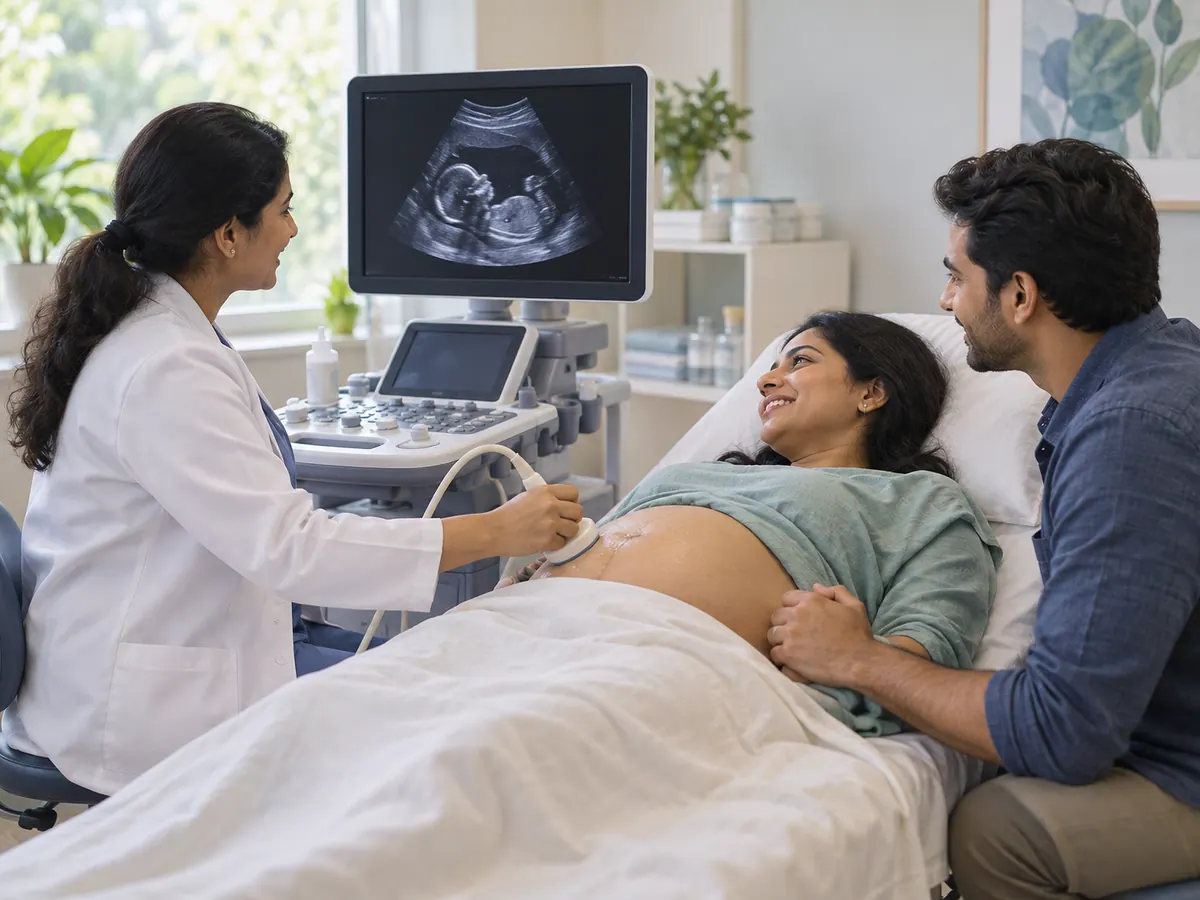 Illustration of expectant parents attending an abdominal ultrasound appointment