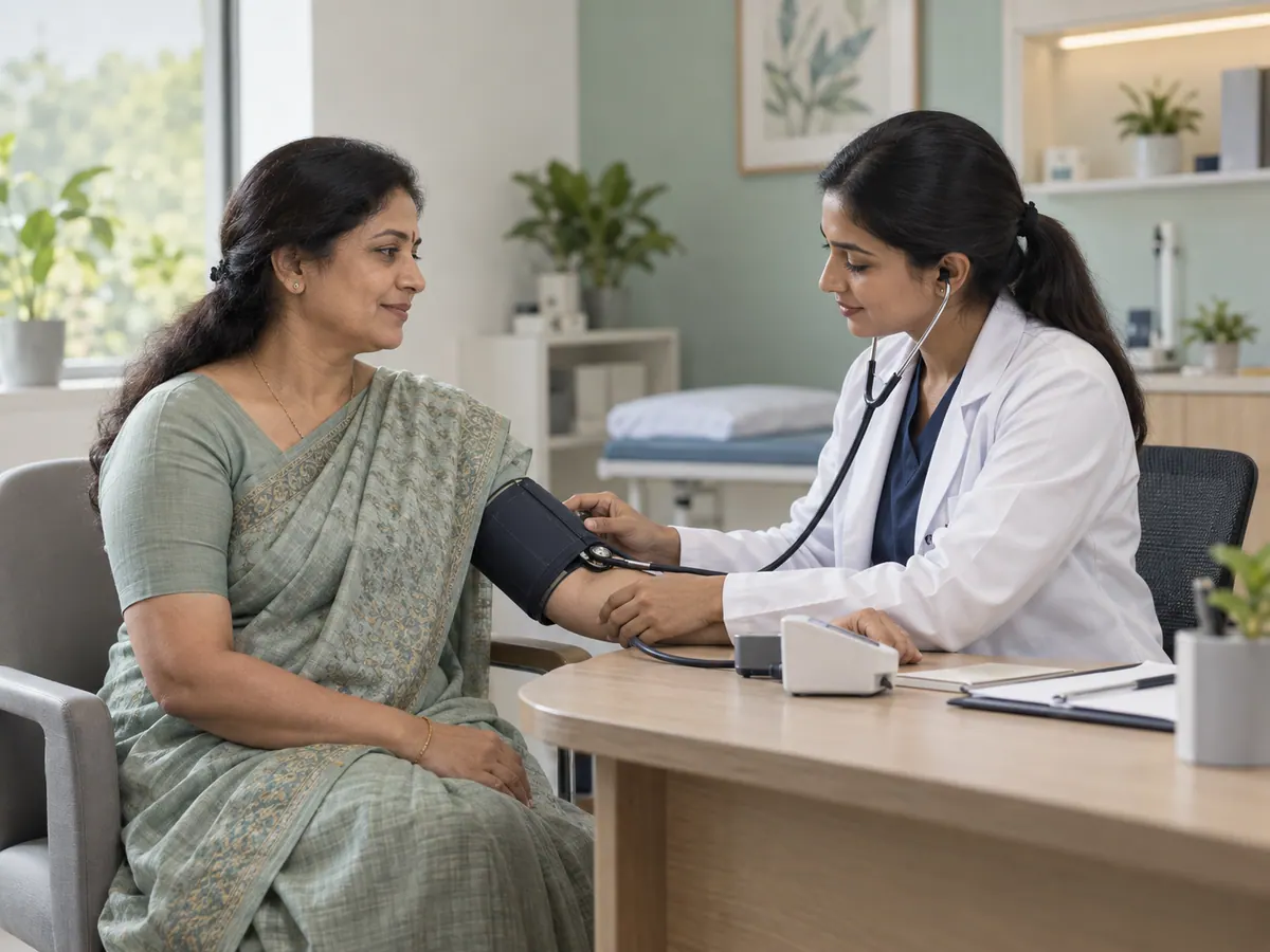 Illustration of a woman having a preventive blood pressure check