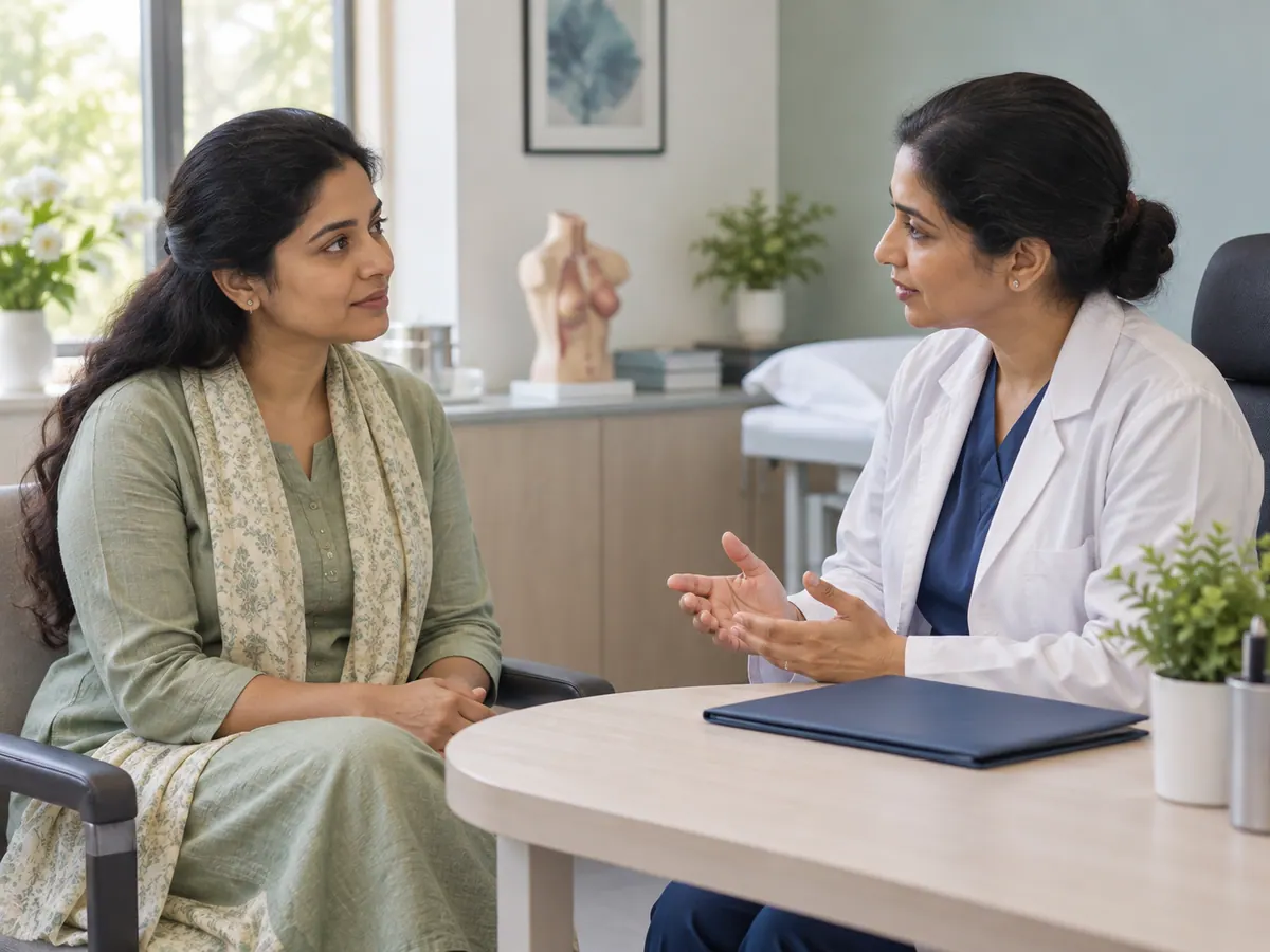 Illustration of a woman considering risk-reducing surgery with a clinician