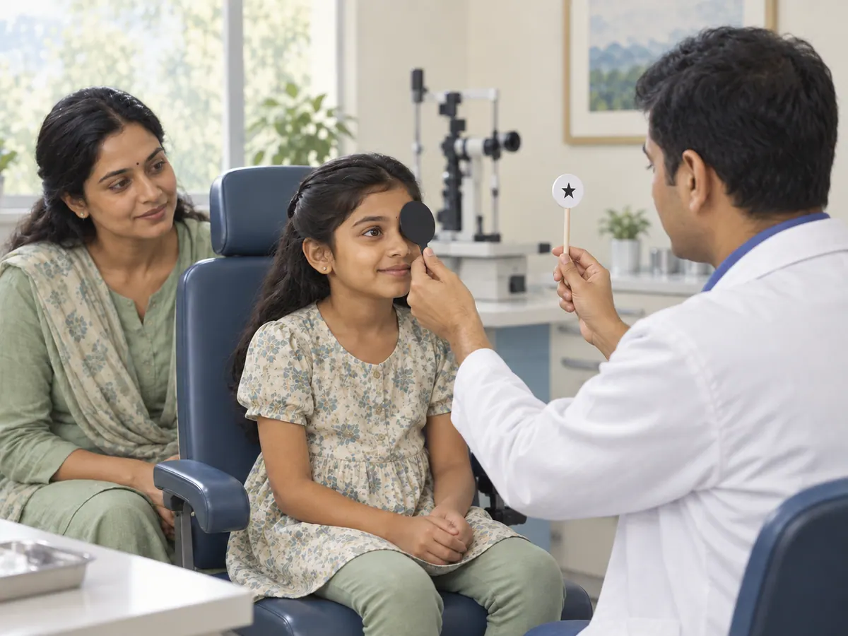 Illustration of a clinician checking a child's eye alignment