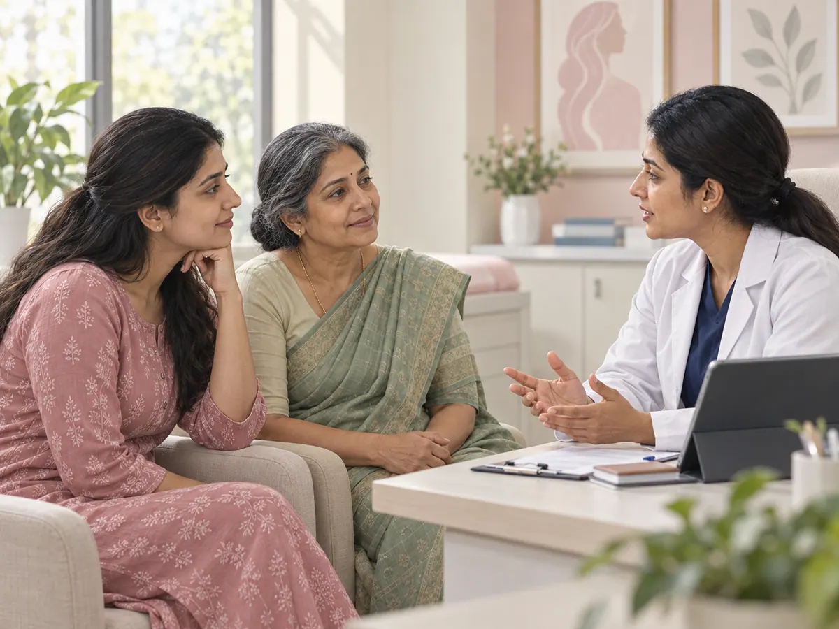 Illustration of women of different generations discussing their health with a clinician