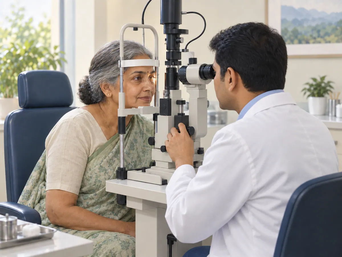 Illustration of an older patient seated at a laser examination instrument