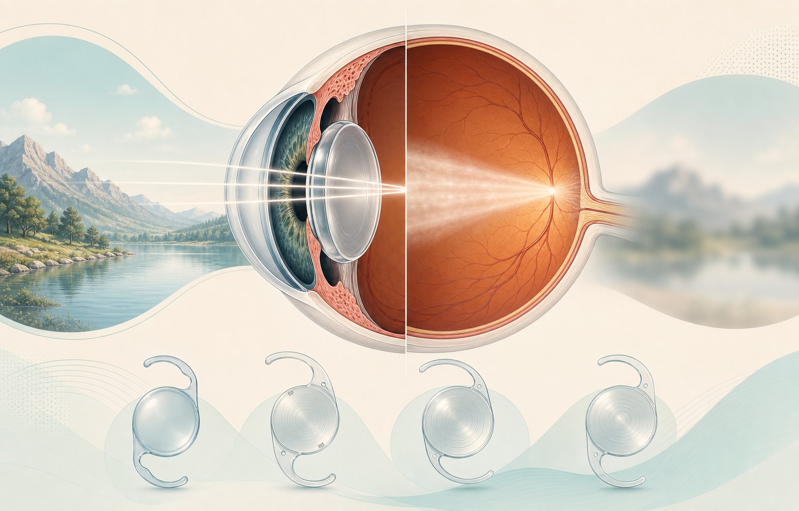Illustration comparing clearer and cloudier vision through the natural lens, with representative intraocular lens shapes